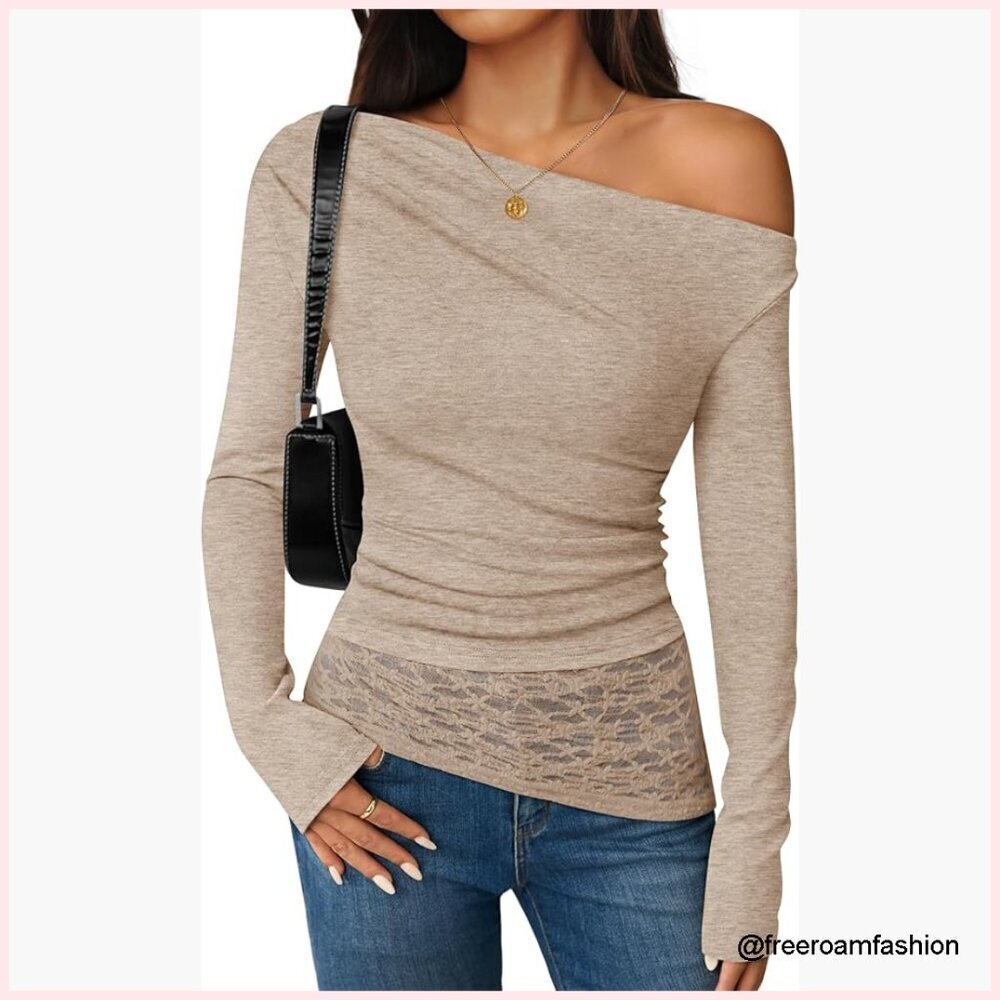 Long Sleeve Off Shoulder Top Slim Fit Lace Boat Neck Y2k Blouse
